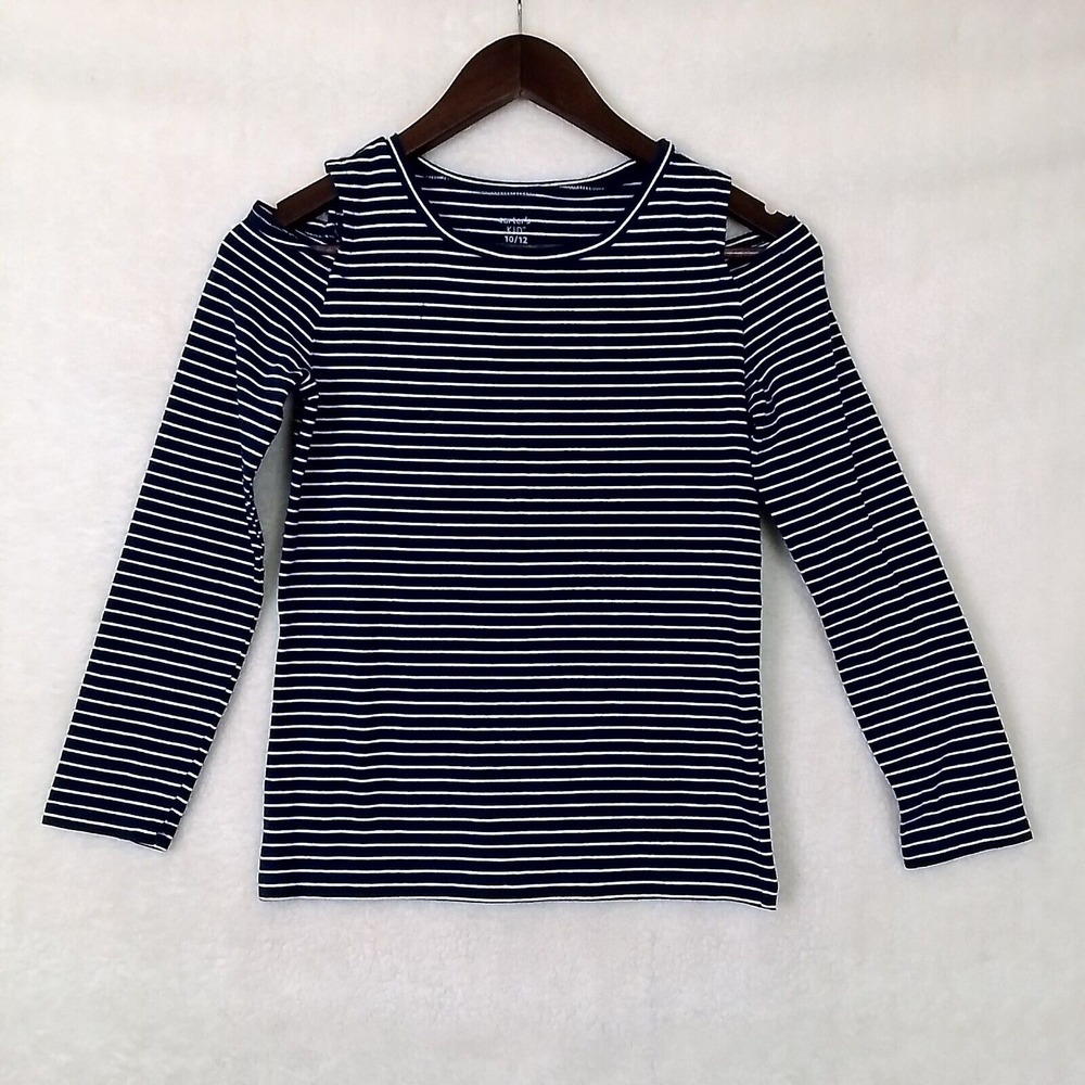 Carters Girls Tee 10/12 Navy Blue White Stripe Cold Shoulder Long Sleeve T-Shirt